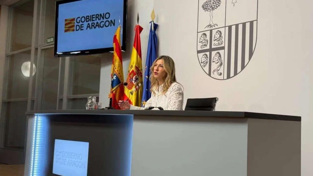 La vicepresidenta del Gobierno de Arag&oacute;n, Mar Vaquero, en la sala de prensa del Pignatelli./ EP