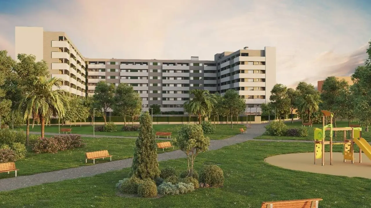 Vista de Residencial MO y MO2 desde el nuevo parque de Miralbueno. / GESTI&Oacute;N COM&Uacute;N