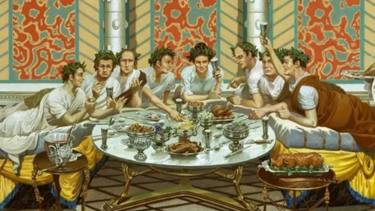 Representaci&oacute;n de una comida en la Antigua Roma