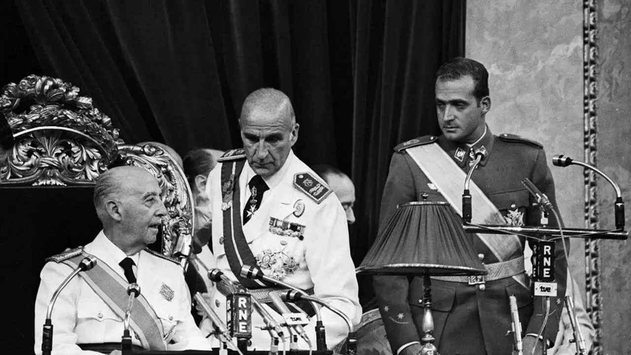Franco toma juramento del Pr&iacute;ncipe Juan Carlos de Borb&oacute;n, al que ha designado como su sucesor en la jefatura de Estado ante las Cortes. Era el 23 de julio de 1969. / EP