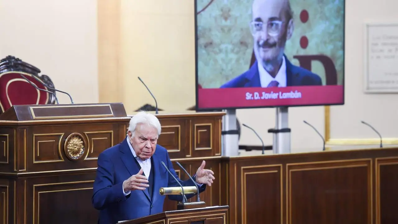 El expresidente del Gobierno, Felipe Gonz&aacute;lez, durante el acto homenaje a Javier Lamb&aacute;n, en el Senado. / EP