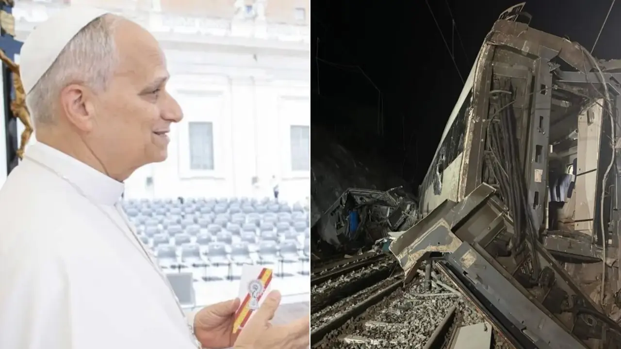 Imagen del Papa Le&oacute;n XIV con la medida de la Virgen del PIlar | Imagen de la zona del siniestro ferroviario donde dos nuevas gr&uacute;as de gran tonelaje se incorporan a las tareas para el levantamiento de los vagones. A 20 de enero de 2026, en Adamuz, C&oacute;rdoba, Andaluc&iacute;a