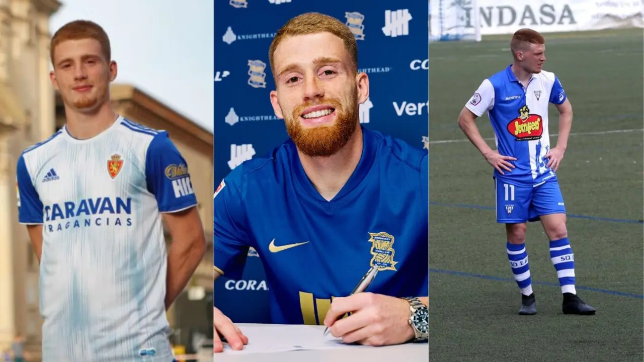 Carlos Vicente durante su paso por el Real Zaragoza (izq.) y SD Ejea (der.) y en la firma de su contrato con el Birmingham