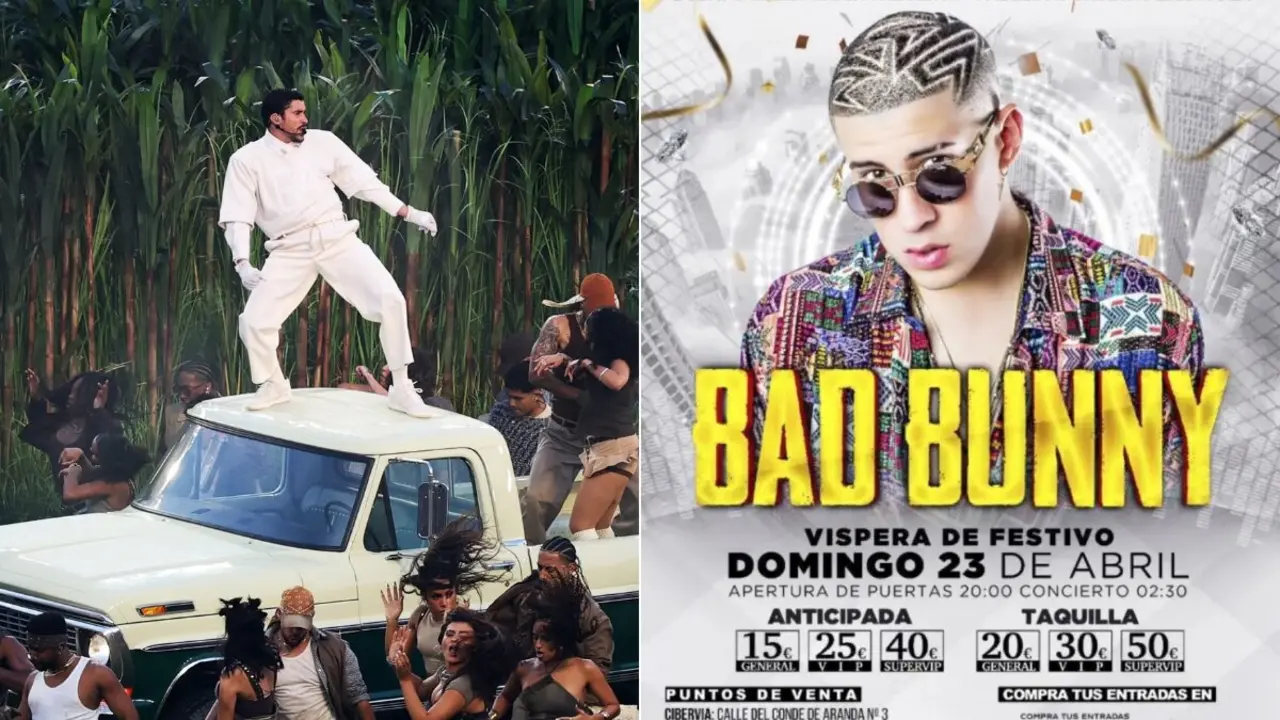 Bad Bunny durante el espect&aacute;culo en la Super Bowl // Cartel de la actuaci&oacute;n de Bad Bunny en Casetas en 2017