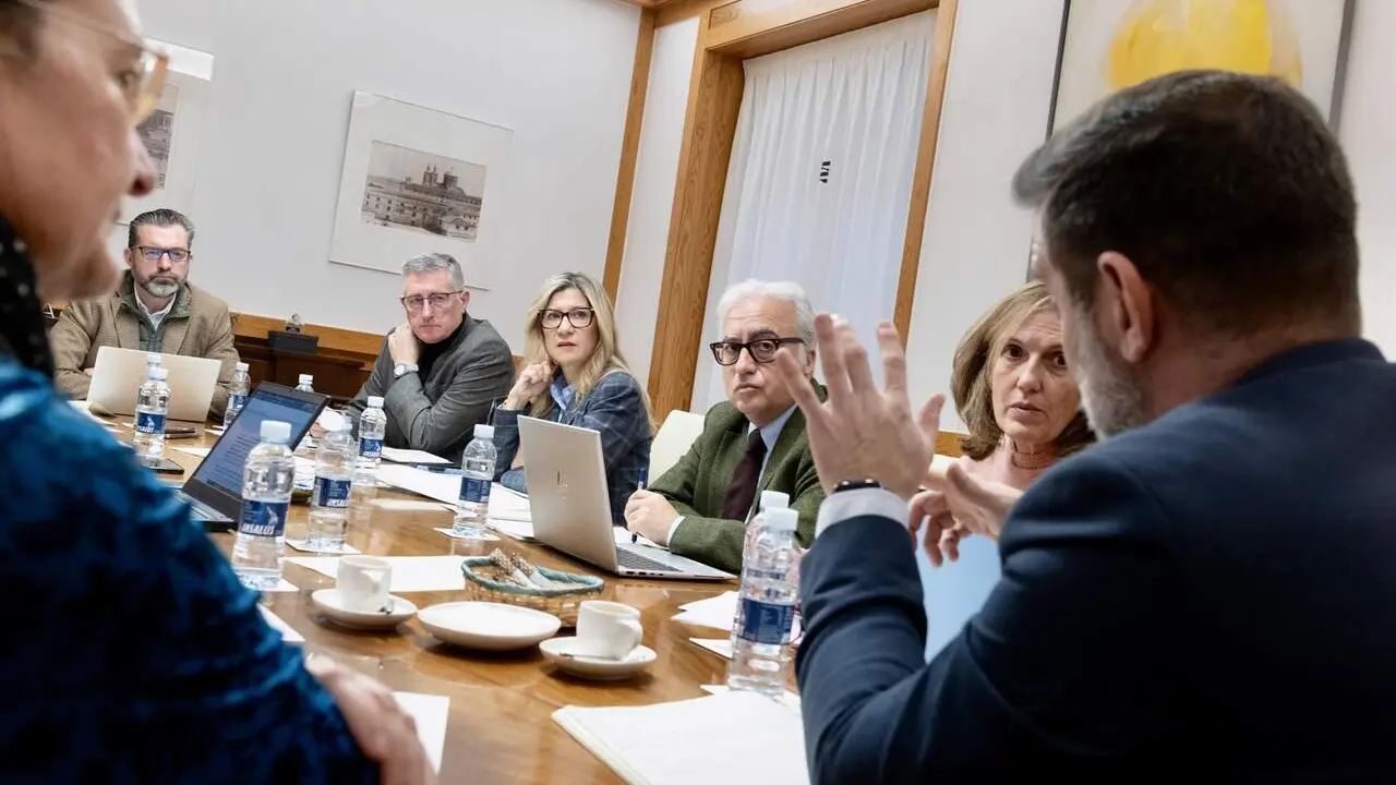 Los consejeros Mar Vaquero, Javier Rinc&oacute;n y Manuel Blasco, en la reuni&oacute;n de este lunes con representantes del sector para analizar la situaci&oacute;n tras la aparici&oacute;n de nuevos casos de peste porcina en Catalu&ntilde;a. / FABI&Aacute;N SIM&Oacute;N