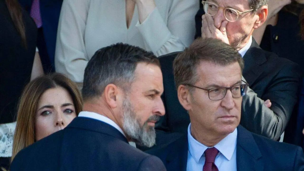 El lider de VOX, Santiago Abascal (i) y el presidente del PP, Alberto Nunez Feijoo (d), durante el desfile del 12 de octubre / EP