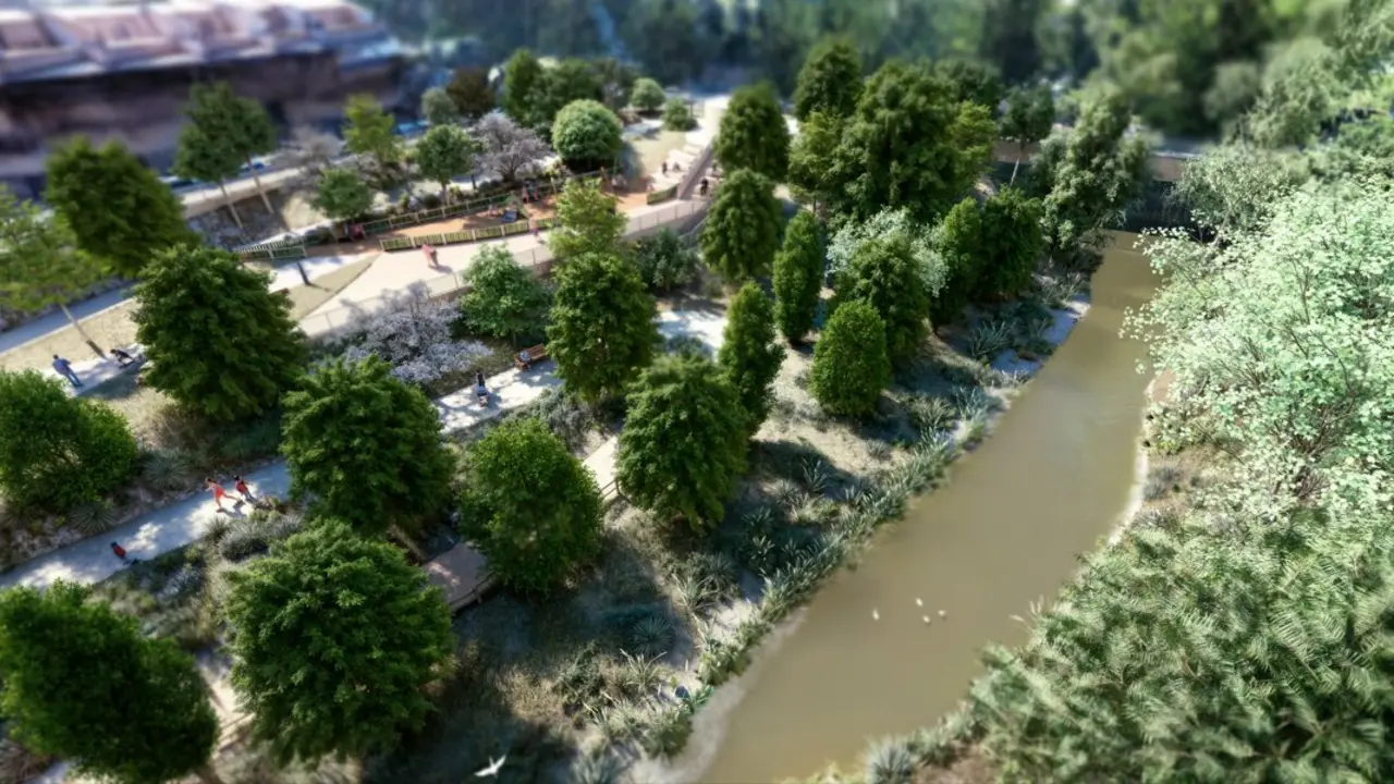 Vista de Dron de c&oacute;mo ser&aacute; el corredor verde del R&iacute;o Huerva
