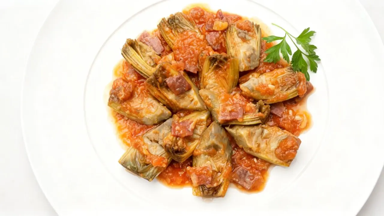Alcachofas con jam&oacute;n, tomate y perejil