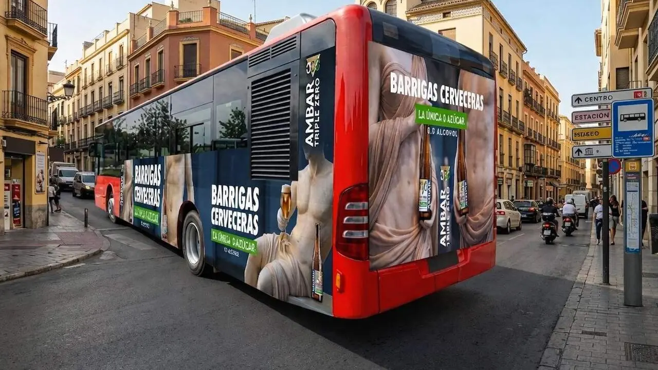 Un autob&uacute;s con la campa&ntilde;a "Barrigas Cerveceras" de Ambar / Ambar