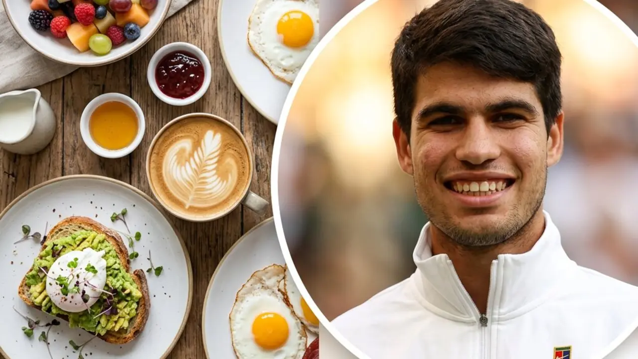 El desayuno de Carlos Alcoraz: caf&eacute;, huevos, tostadas y fruta.