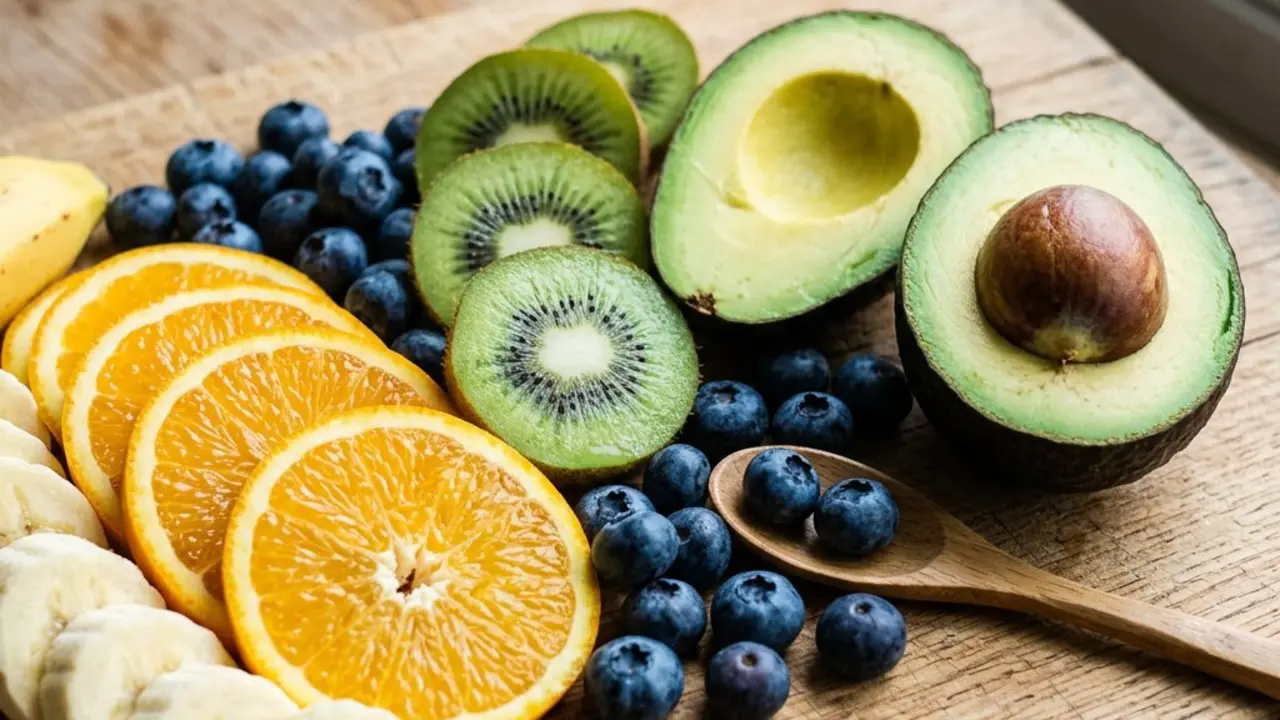 Ar&aacute;ndanos, kiwi, naranja, pl&aacute;tano y aguacate