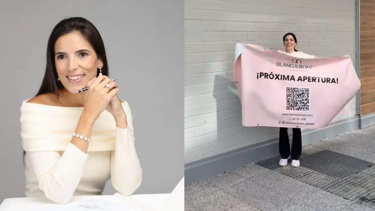Blanca Romeo con el cartel de "pr&oacute;xima apertura" de su nuevo local / Redes Sociales