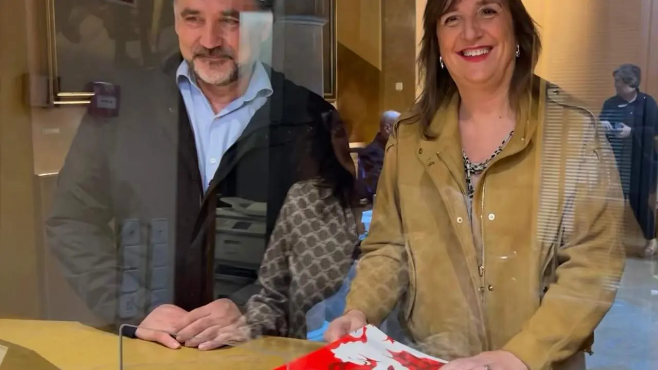 La portavoz Lola Ranera junto al concejal Paco Gal&aacute;n en la sede del Justicia de Arag&oacute;n. /PSOE
