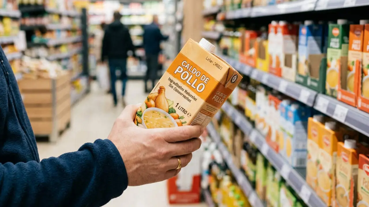 Caldo de pollo en lineal de supermercado