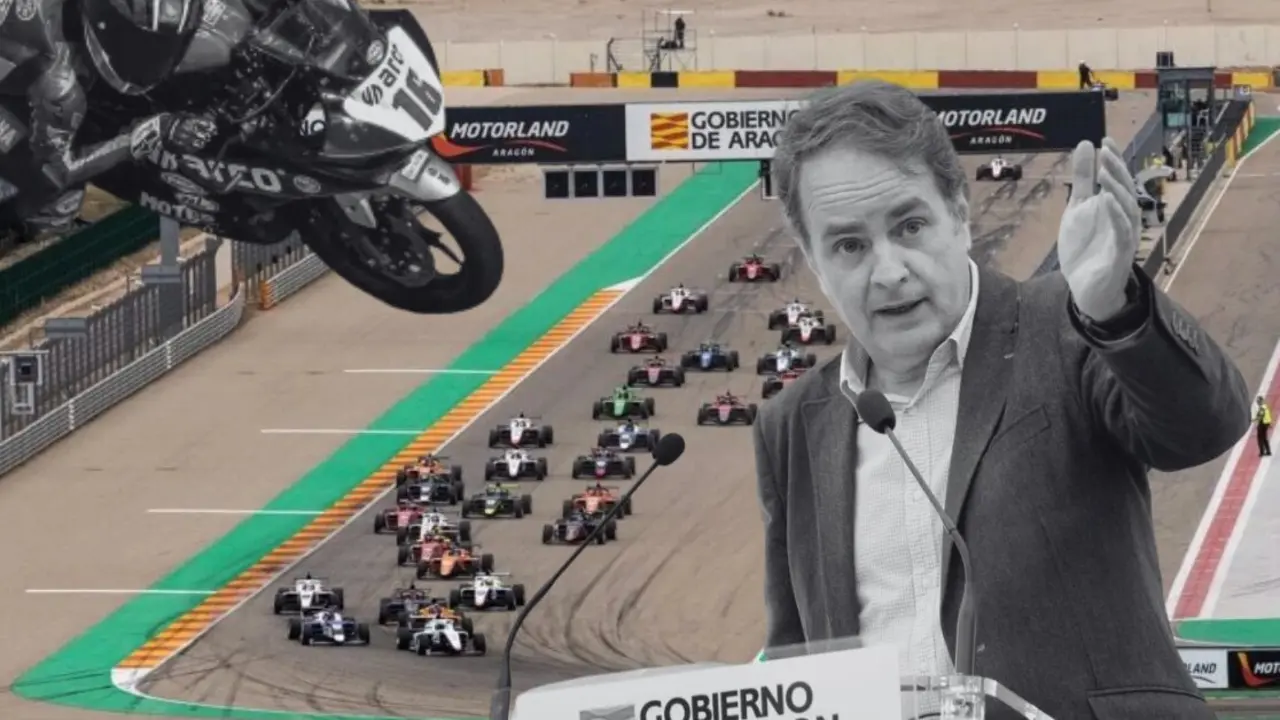 El consejero de Hacienda, Roberto Berm&uacute;dez de Castro y el circuito de Motorland / Dise&ntilde;o HOY ARAG&Oacute;N