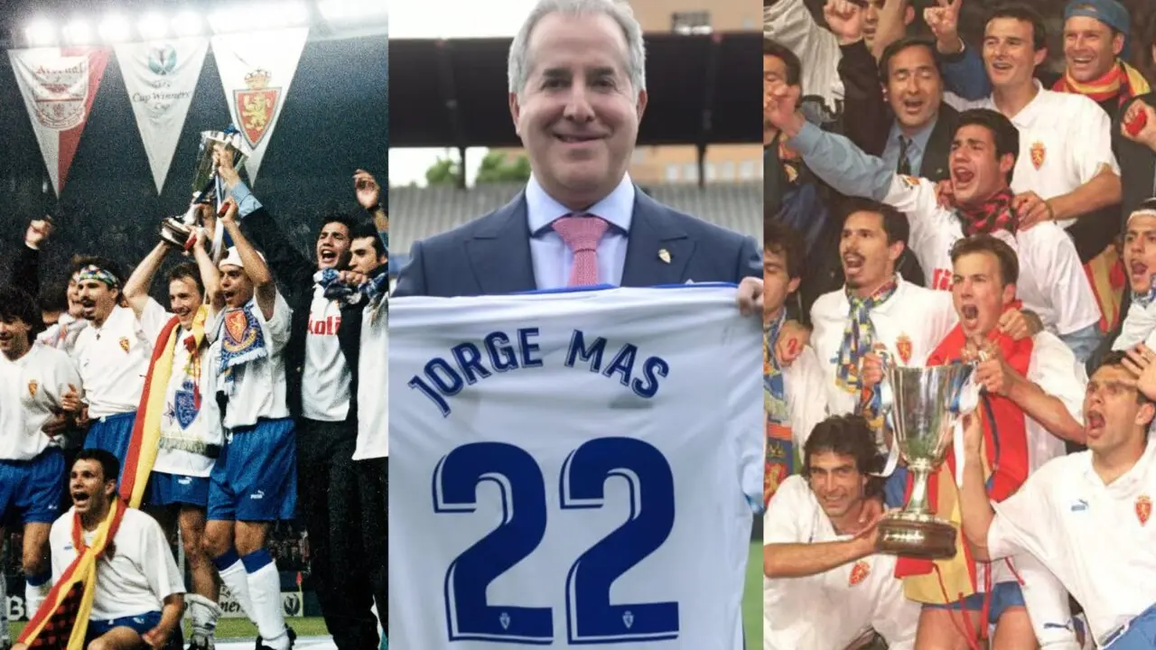 Dos im&aacute;genes del hito del Real Zaragoza ganando la Recopa de Europa ante el Arsenal. En el centro, el actual presidente y uno de los propietarios del Real Zaragoza, Jorge Mas / HOY ARAG&Oacute;N