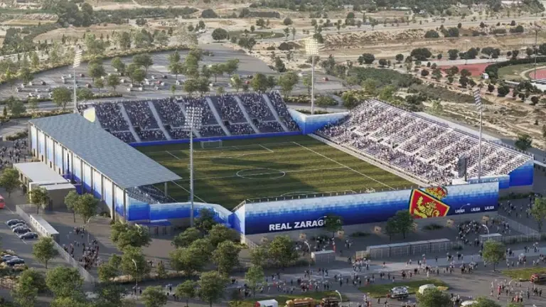 El mini estadio modular que suplir&aacute; a la Romareda durante las obras / MLN