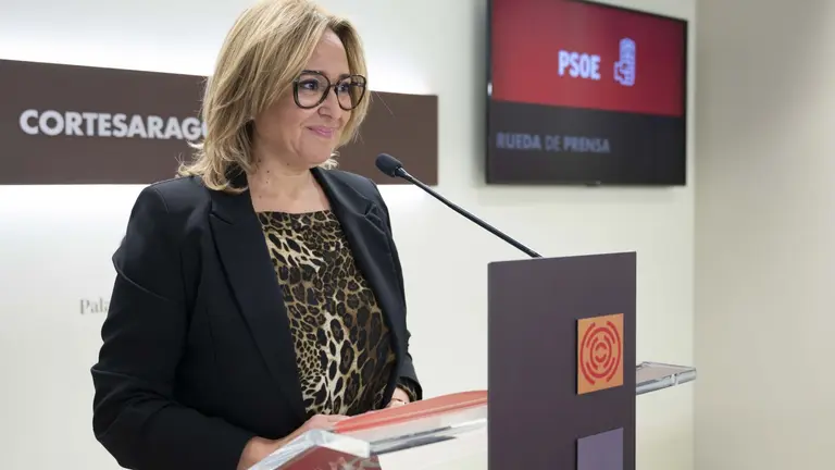 La portavoz del grupo parlamentario del PSOE, Mayte P&eacute;rez en la rueda de prensa