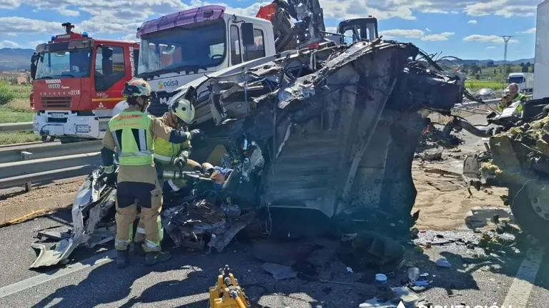 Imagen de los camiones implicados en el accidente de tr&aacute;fico en la A-2 a la altura de La Almunia de Do&ntilde;a Godina / DPZ