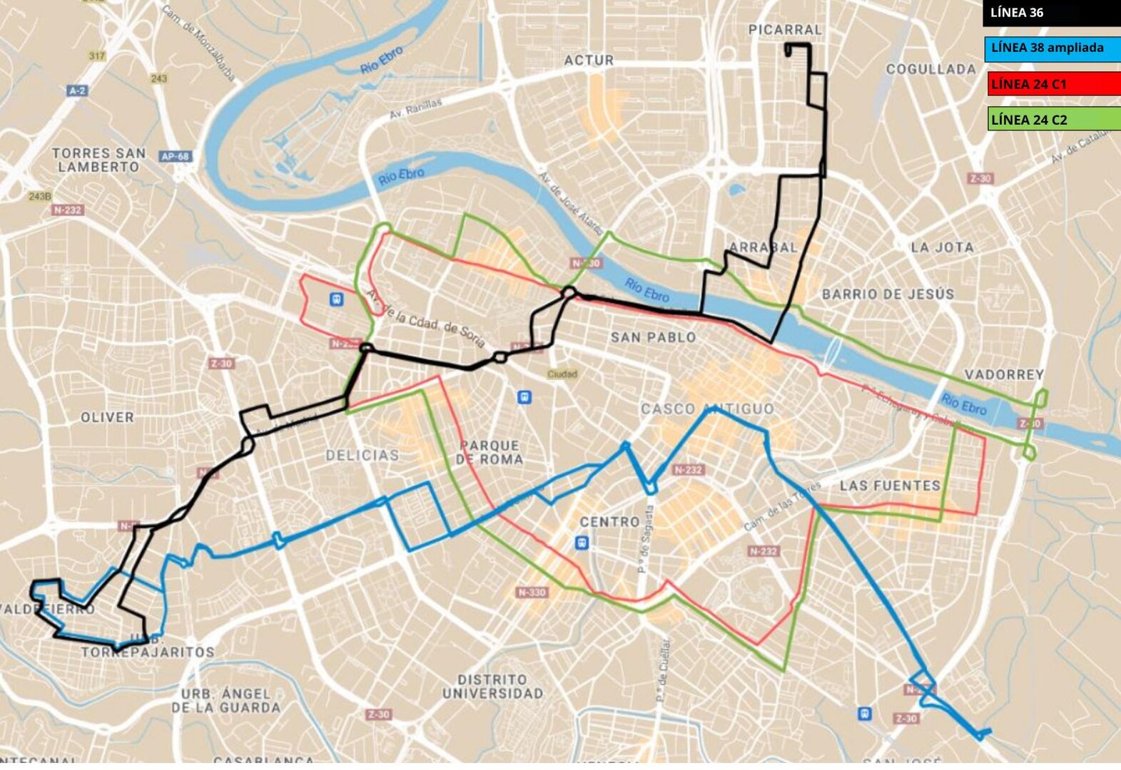 Nuevas líneas circulares de autobús urbano en Zaragoza y ampliación de la 38. AZ