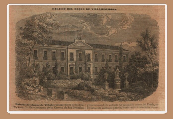 Palacio del duque de Villahermosa, reproducido en Pascual Madoz: Diccionario geográfico-estadístico-histórico de España y sus posesiones de Ultramar, tomo X, Madrid, 1850 / Museo Tyhssen-Bornemisza