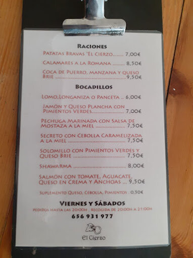 Carta de algunos bocadillos. / Bar El Cierzo (Binéfar)