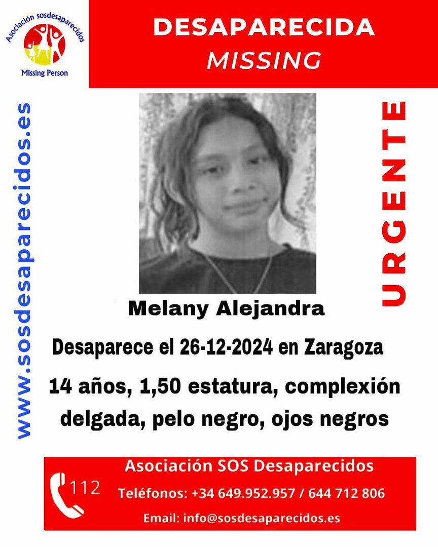 Imagen de otra menor desaparecida en la capital aragonesa desde diciembre de 2024 / Sos Desaparecidos