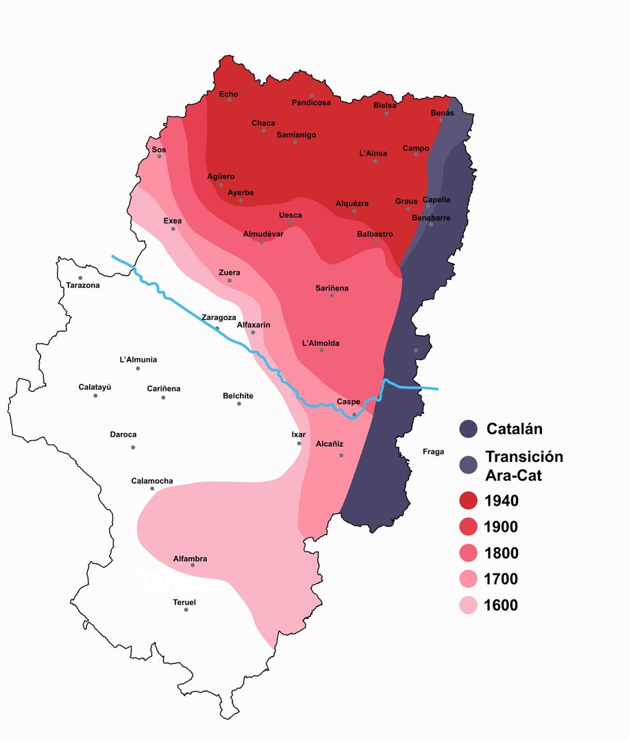 Mapa que muestra la regresión del aragonés en los últimos siglos. (Aragón 3L)