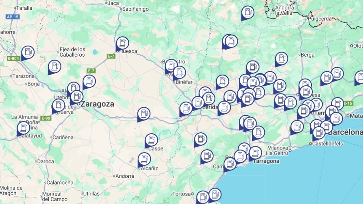 Mapa con todas las estaciones de servicio de BonÁrea de Zaragoza al Mediterráneo