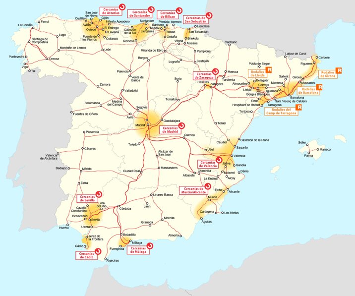 Mapa que muestra el desequilibrio de la cobertura de trenes de cercanías en España con una red mínima en Zaragoza. (Maximilian Dörrbecker)