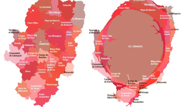 Este mapa del peso demográfico de Zaragoza en Aragón hace ver la importancia de potenciar el crecimiento de núcleos pequeños y medianos, algo que pasa por mejorar las conexiones de Zaragoza y su entorno. (Joan Carles Membrado/Heraldo)