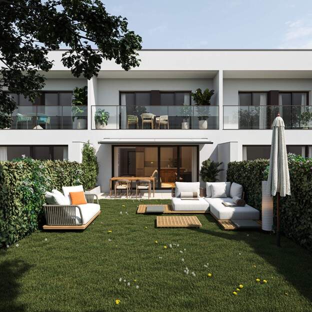 Las viviendas unifamiliares de Acacias son el equilibrio perfecto entre amplitud y optimización de espacios, con jardines privados con posibilidad de piscina o jacuzzi, así como aparcamiento privado para coches en la parte delantera. / LUJAMA