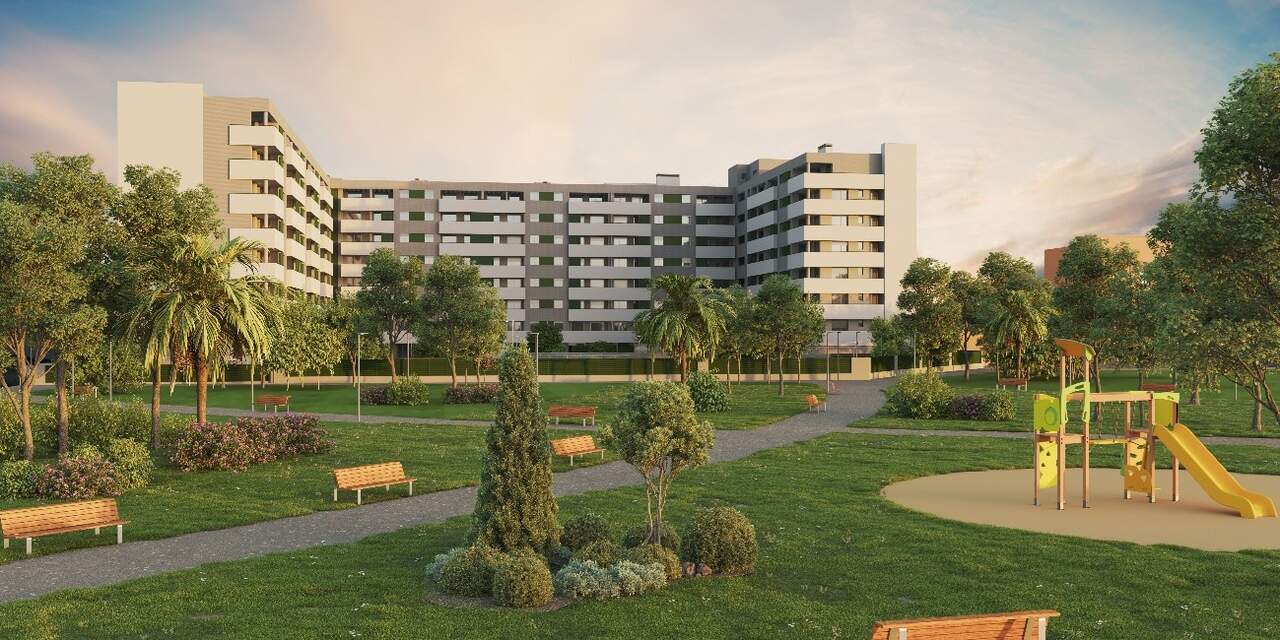 Vista de Residencial MO y MO2 desde el nuevo parque de Miralbueno. / GESTIÓN COMÚN