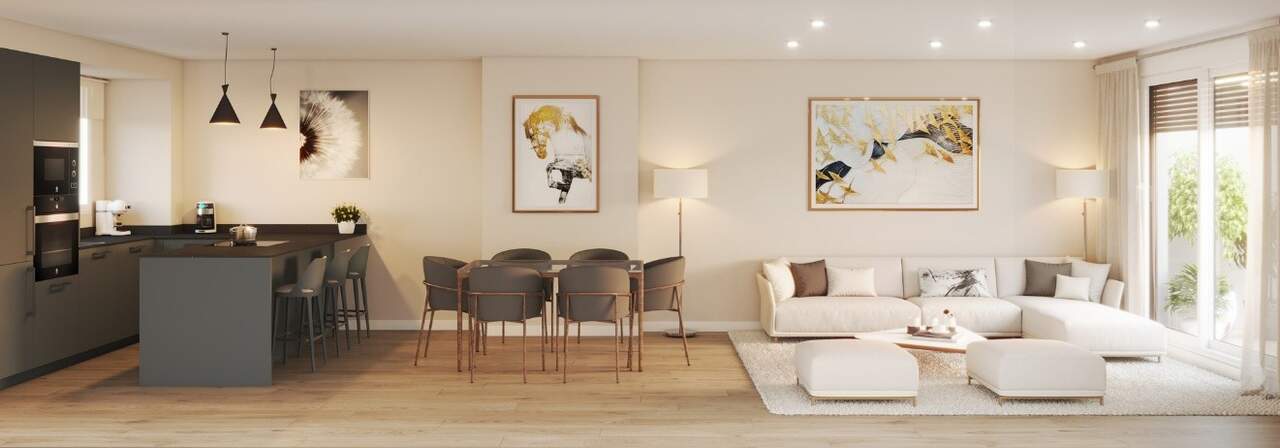 Salón-comedor-cocina en una vivienda de la promoción Unzeta. / GESTIÓN COMÚN