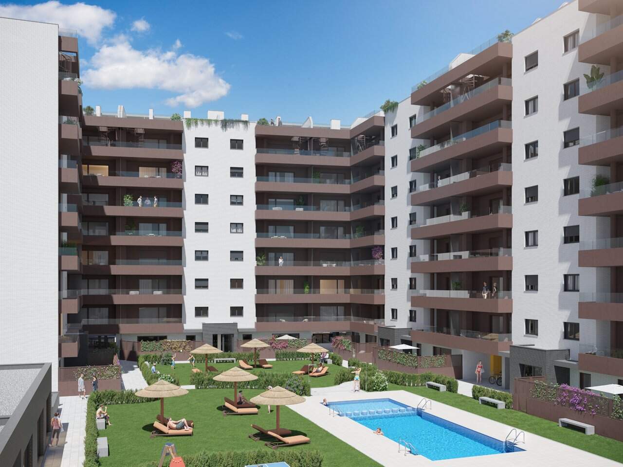 Piscina y zona comunitaria de Sástago Residencial, en Avenida Cataluña. / CBRE