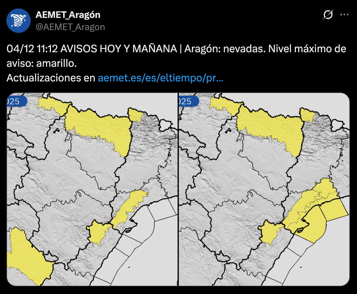 El aviso de la AEMET para Aragón del día 4 de diciembre. El nivel de aviso es amarillo en varias zonas de Aragón, especialmente en el Pirineo / AEMET