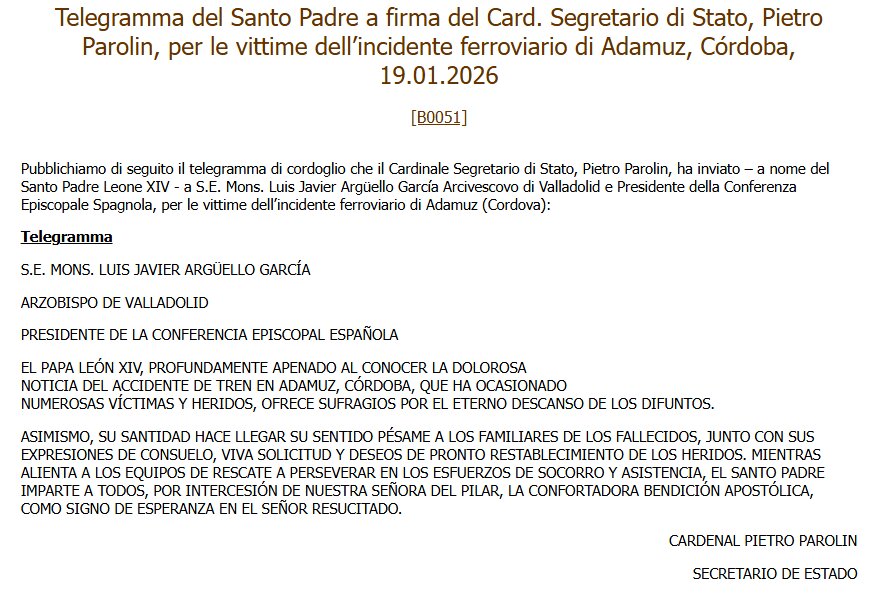 Captura de pantalla del telegrama enviado por el Vaticano