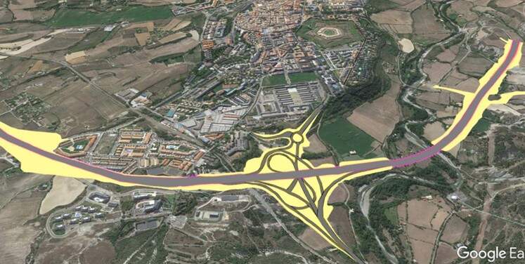 Replanteo del tramo central de la Variante Norte sobre foto aérea de Google Earth (vista oblicua desde el norte).