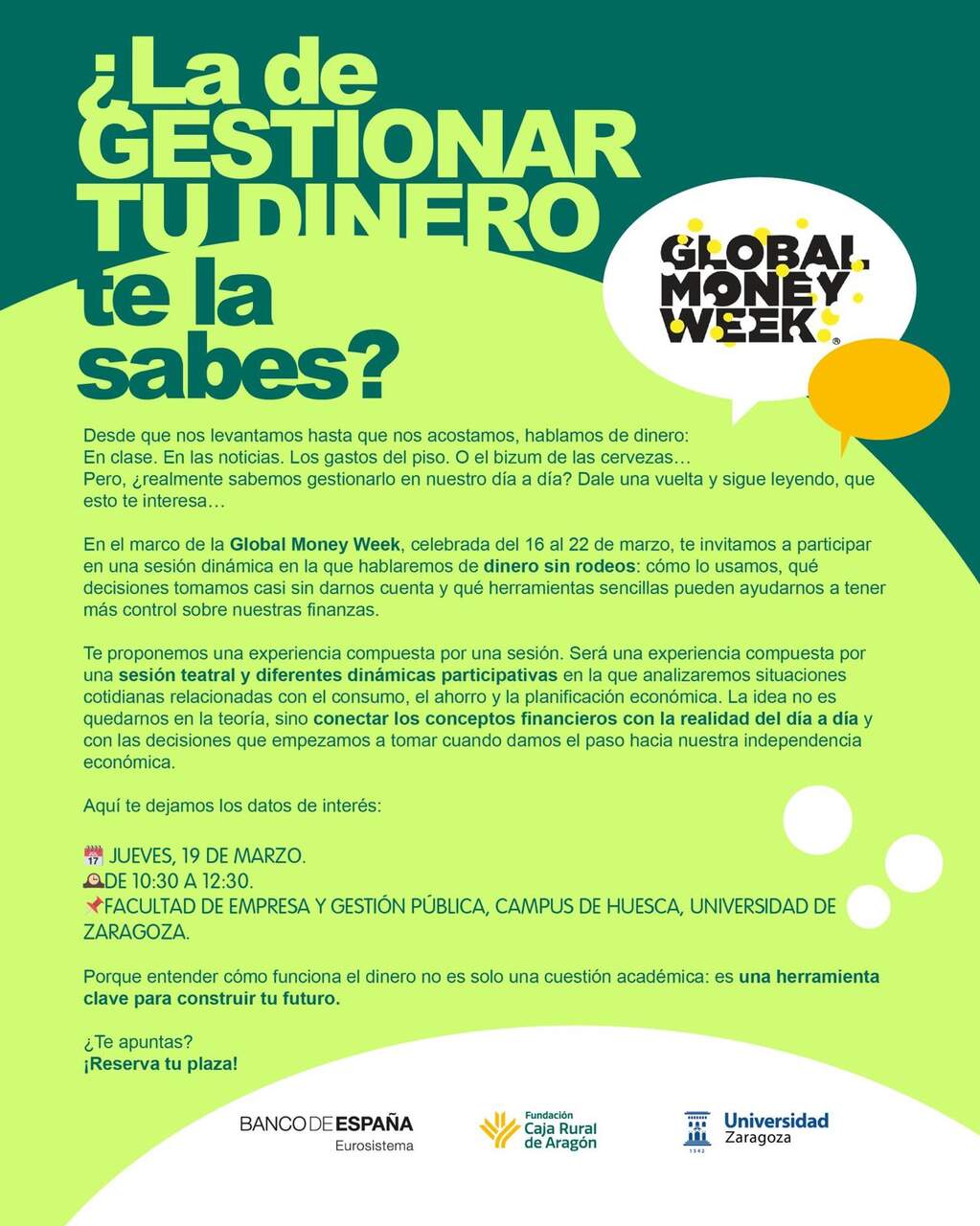 Cartel de la jornada que organiza Fundación Caja Rural de Aragón dentro de la Global Money Week.  / HA