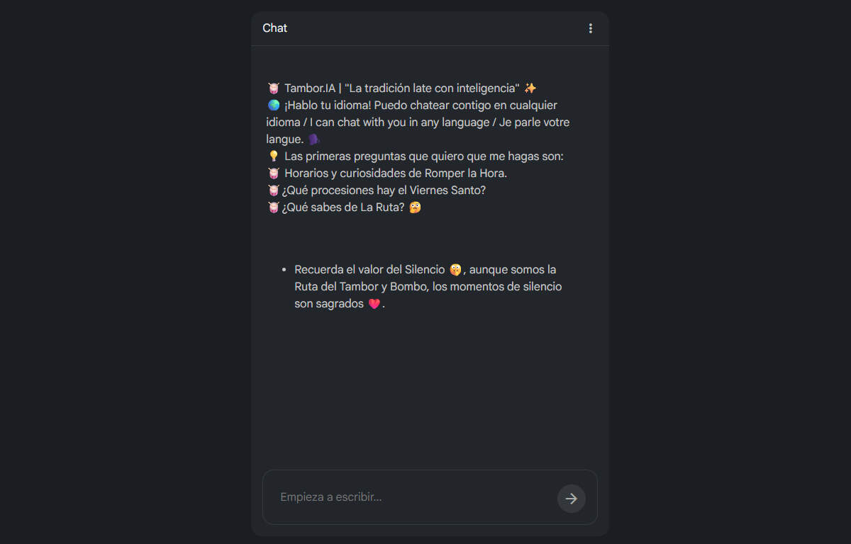 Vista del chat Tambor.IA con modelo de lenguaje de Gemini
