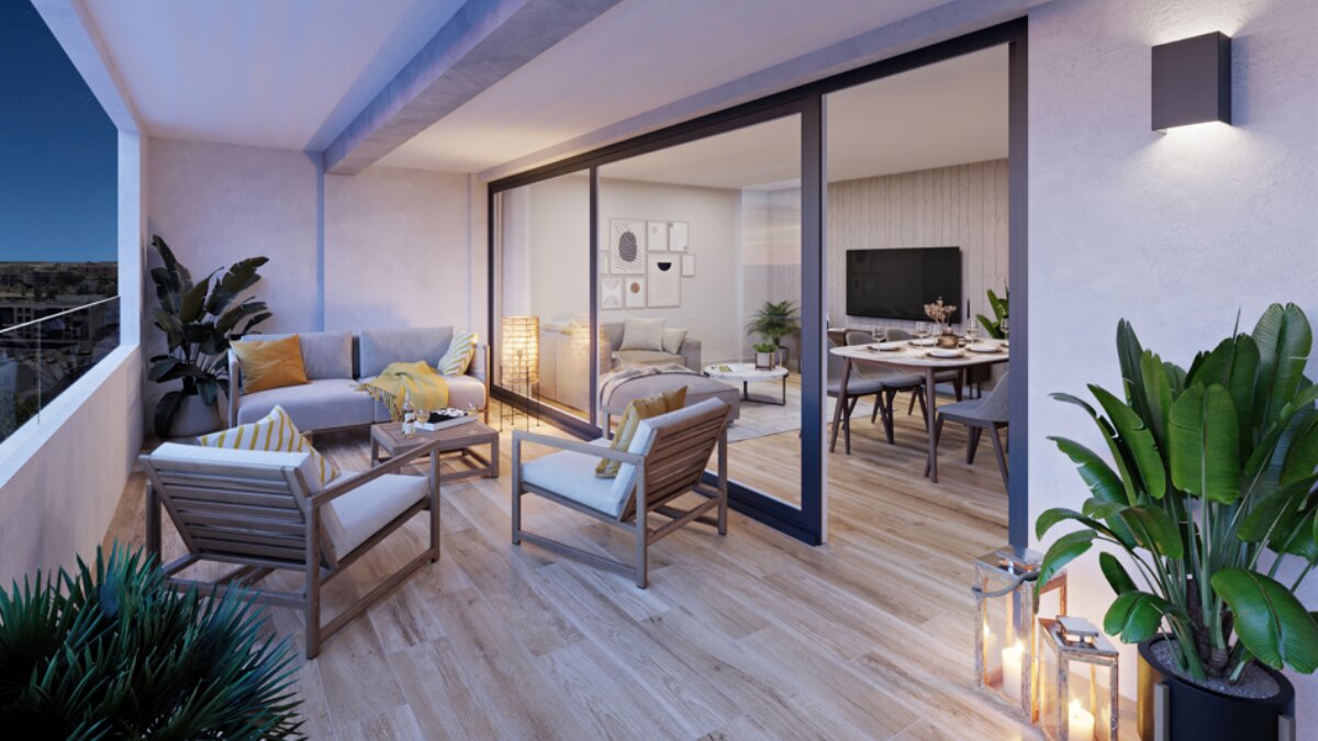 Terraza y salón Residencial Amaranto, en Miralbueno