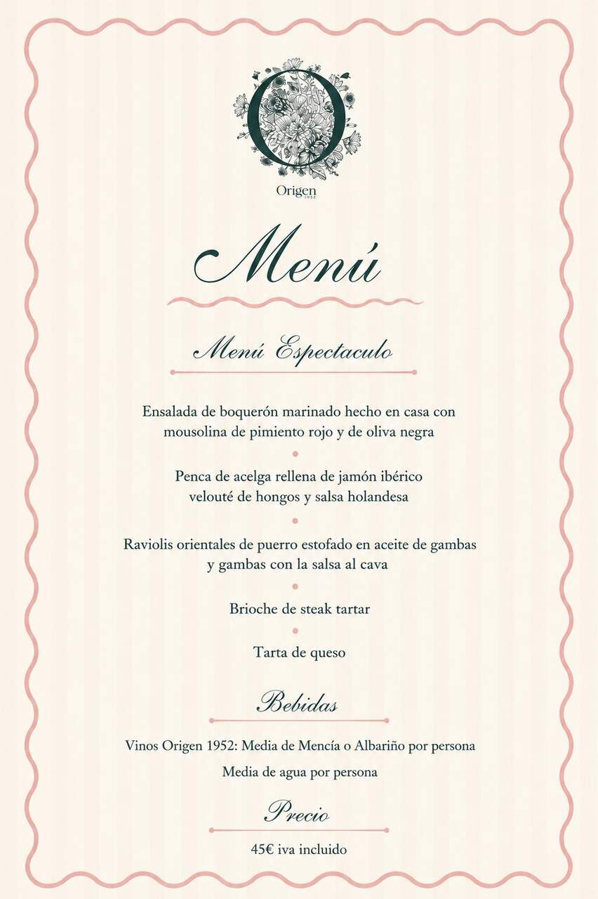 "Menú Espectáculo" del restaurante Origen 1952 de Zaragoza.