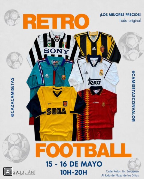 Cartel de la pop-up de camisetas retro de fútbol en la Galería Olga Julián.