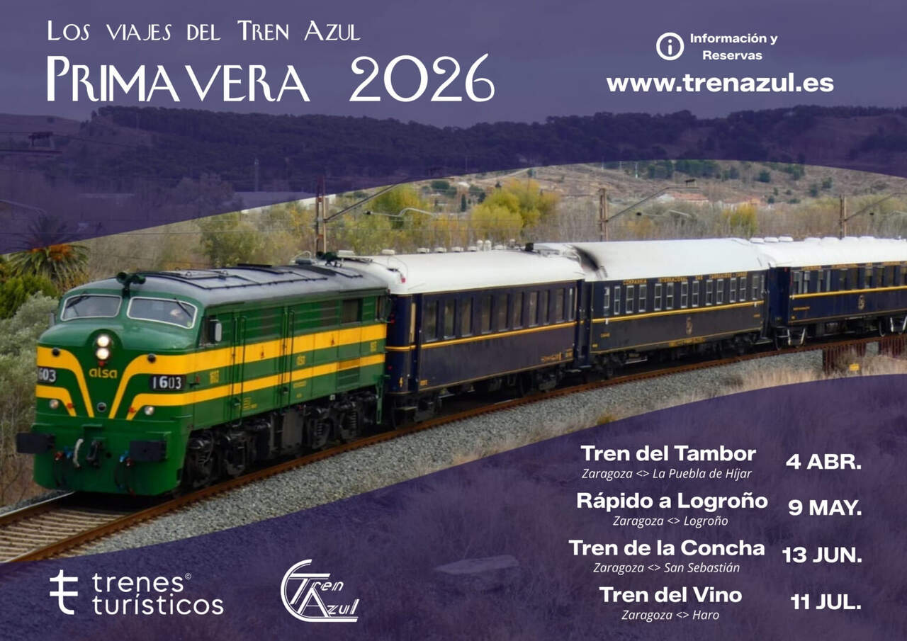 Cartel con los destinos del Tren Azul para la temporada de primavera-verano 2026.